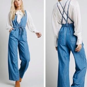 Free People Strappy Chambray Jumpsuit S 2 Overalls Denim One Piece Clara